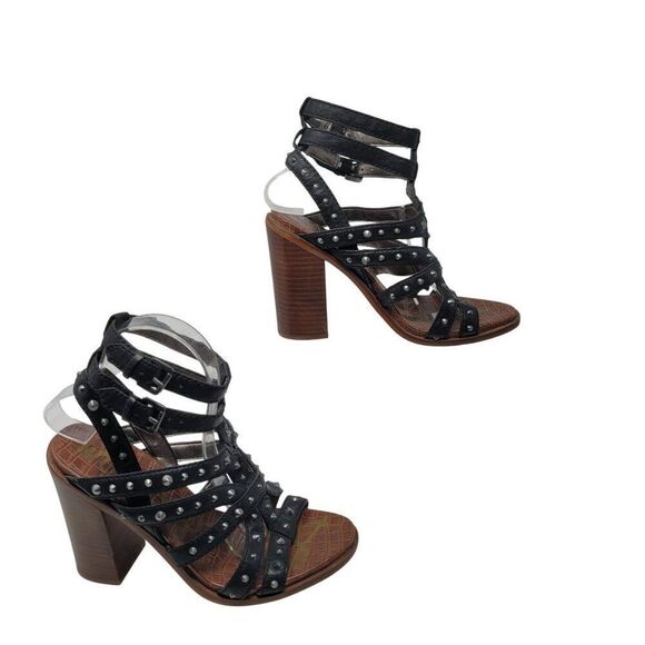 Sam Edelman Keith Gladiator Leather Studded Heeled Sandals 8 Black Strappy - Picture 6 of 11